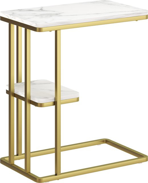 HOMCOM Beistelltisch in C-Form mit Stauraum, moderner Couchtisch und Nachttisch in Weiß mit Marmoroptik und Gold, B/T/H: 50 x 30 x 57,5 cm - Bild 1