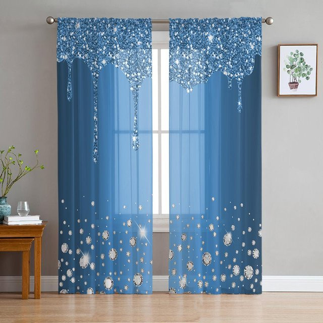 Super Six Chiffon-Fenstervorhänge mit Diamant-Tropfenstruktur in Blau und Grau, transparent, Breite: 135 cm, Höhe: 114 cm - Bild 1