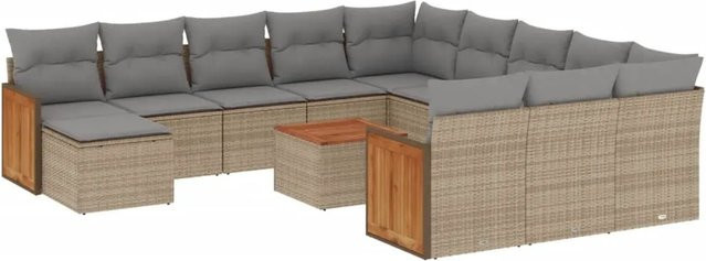 vidaXL 13-teilige Garten-Sofagarnitur aus Poly-Rattan und Akazienholz in Beige mit Kissen - Bild 1