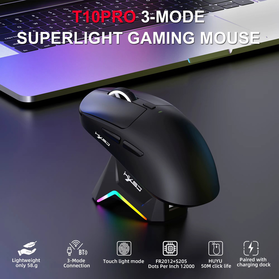 HXSJ T10 Kabellose Gaming-Maus mit Bluetooth und Ladestation, Schwarz, 6 Tasten, Optisches Design für Rechtswender - Bild 2