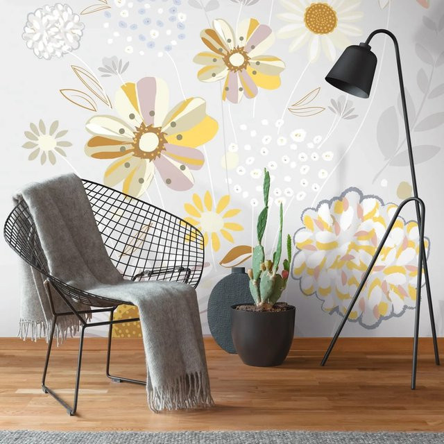 PROFHOME Fototapete Blumen Floral Matt in Grau Gelb Beige Weiß, B: 1,59 m, H: 2,80 m - Bild 1