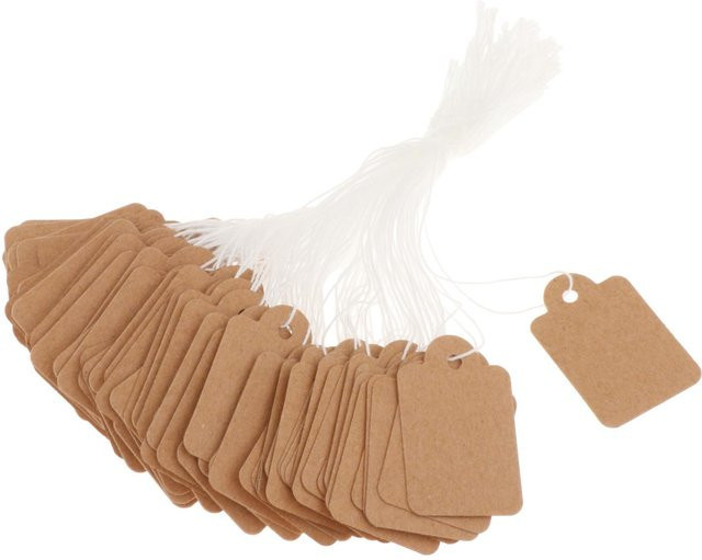 100 Stück braune Papier-Etiketten mit Schnur zur Markierung und Preisauszeichnung für Schmuck und Einzelhandel - Bild 1
