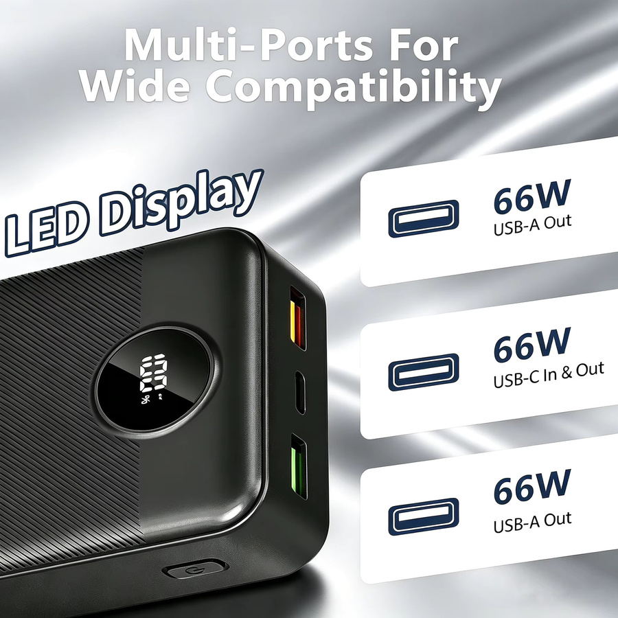 InTessry Hochleistungs-Powerbank mit 50000mAh, 66W Schnellladefunktion, 3 Ausgängen und Digitaldisplay in Schwarz oder Weiß - Bild 5