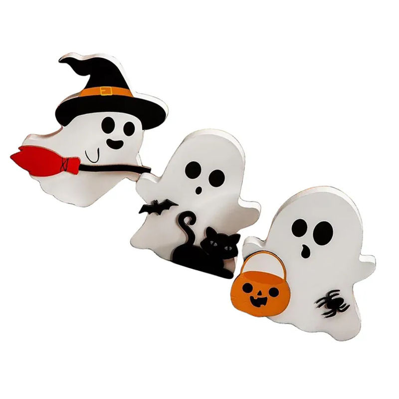 3er Set Halloween Deko aus Holz mit Geistern, Schwarzer Katze, Fledermaus und Hexe von OutsideWorld in Weiß und Schwarz - Bild 5