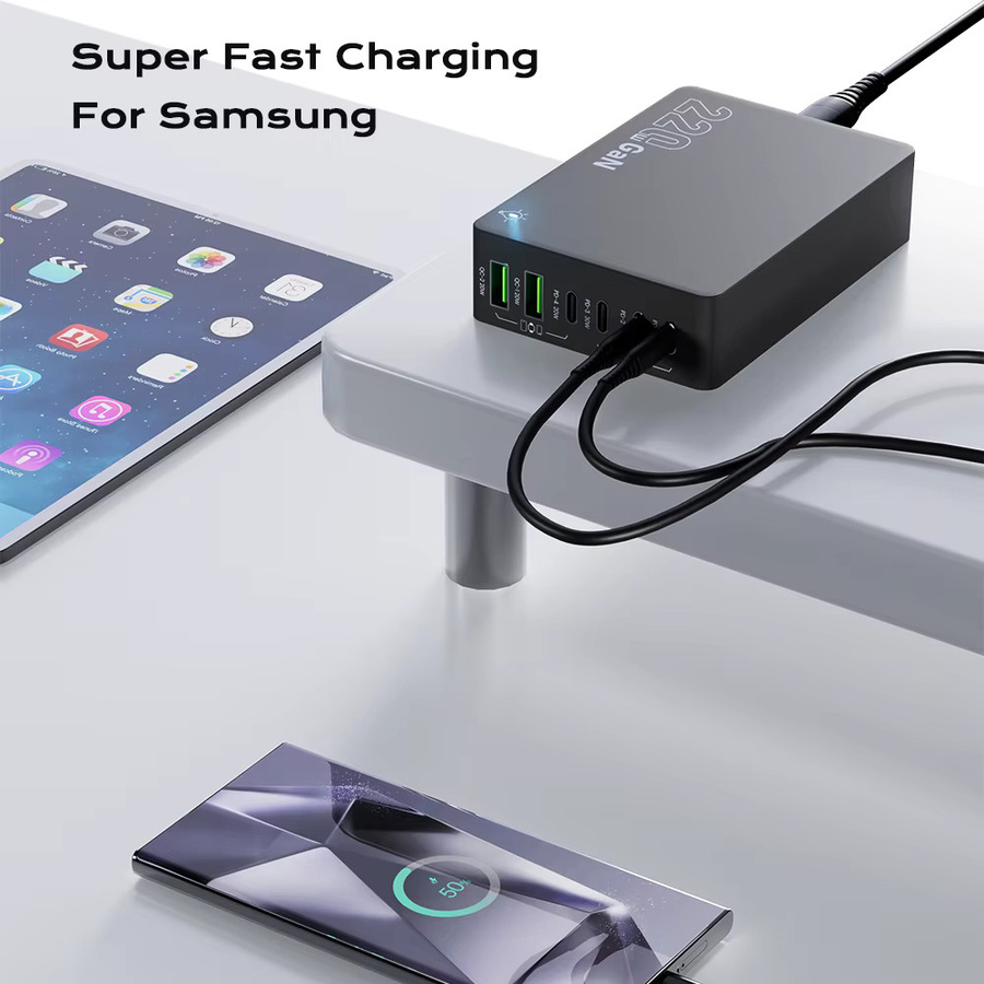 ASOMETECH 220W GaN Desktop-Ladegerät mit 6 Anschlüssen, PD 100W USB-C und QC 3.0 Schnellladestation für iPhone, Tablet, MacBook und Samsung Laptop - Bild 4