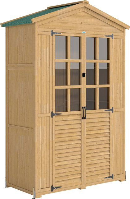 Outsunny Gartenschrank aus Holz in Hellbraun mit Ablage, abschließbarer Tür und Asphalt-Dach, B/T/H: 128 x 57,5 x 197 cm - Bild 1