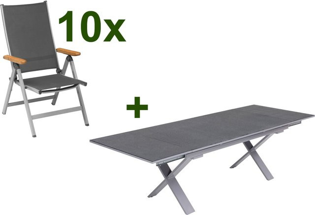 Kettler Granada Garten-Essgruppe in Silber und Anthrazit mit ausziehbarem Tisch und 10 Klappstühlen aus Aluminium, Teakholz und Sicherheitsglas mit Spraystone Finish - Bild 1