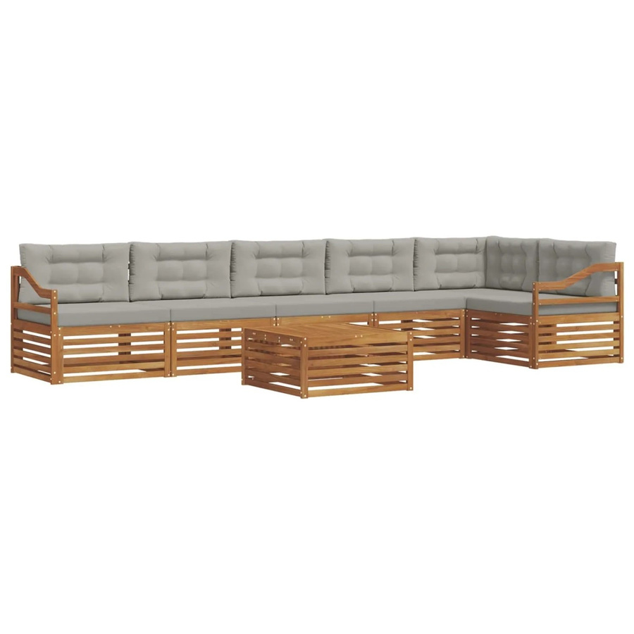 vidaXL Outdoor-Sofagarnitur aus Akazien-Massivholz in L-Form, 7-teiliges Set mit Tisch und Kissen, Farbe: Natur und Hellgrau - Bild 2