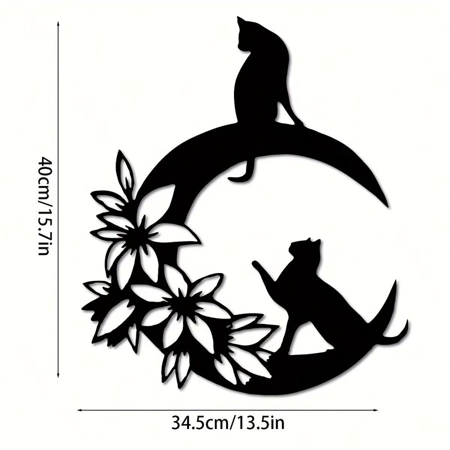 CIFBUY Metall-Wandkunst Schwarze Katze auf dem Mond mit floralen Akzenten, Farbe: Schwarz - Bild 2