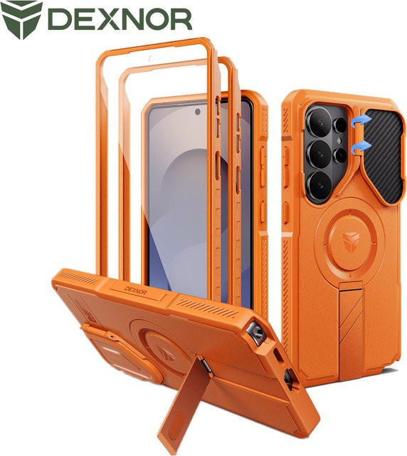 Stoßfeste Samsung Galaxy S26 Ultra Hülle mit MagSafe Kompatibilität, Kameraabdeckung, verstellbarem Ständer und Displayschutz, 6,9 Zoll, Schwarz/Orange - Bild 1