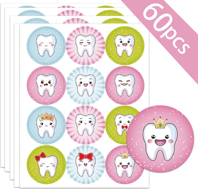 60 Stück Happy Teeth Belohnungsaufkleber von Denti mit Cartoon-Zahnmustern, Durchmesser: 40 mm, Mehrfarbig - Bild 1