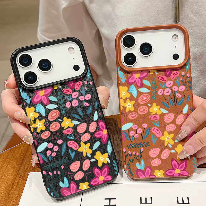 MOESOE Handyhülle mit buntem Blumenmuster und Lederstruktur für iPhone 17 16 15 14 13 12 Pro Max in Beige und Weiß - Bild 2