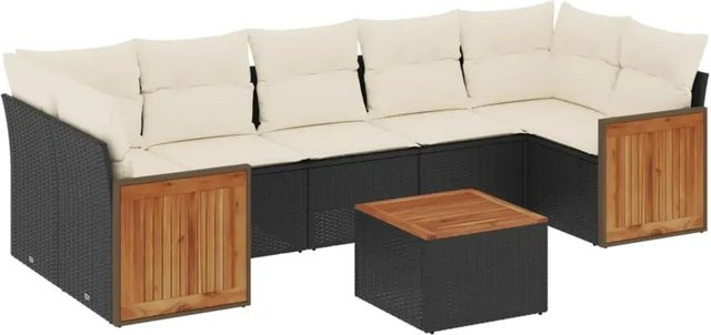 vidaXL 8-tlg. Garten-Sofagarnitur in L-Form aus Polyrattan mit Kissen und Couchtisch, Schwarz - Bild 1