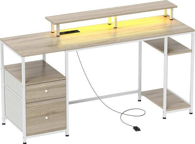 HOMCOM Computertisch mit LED-Beleuchtung in Naturholzoptik, Schreibtisch mit Monitorhalter, Schubladen, Ablagen, 2 Steckdosen und USB-Anschlüssen, B: 155,5 cm, T: 48 cm - Bild 1