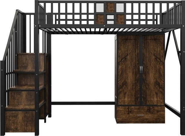 Merax Hochbett für Teenager aus Holz und Metall mit Schrank und Schubladen, Schwarz, B/T/H: 200 x 90 x 170 cm - Bild 1