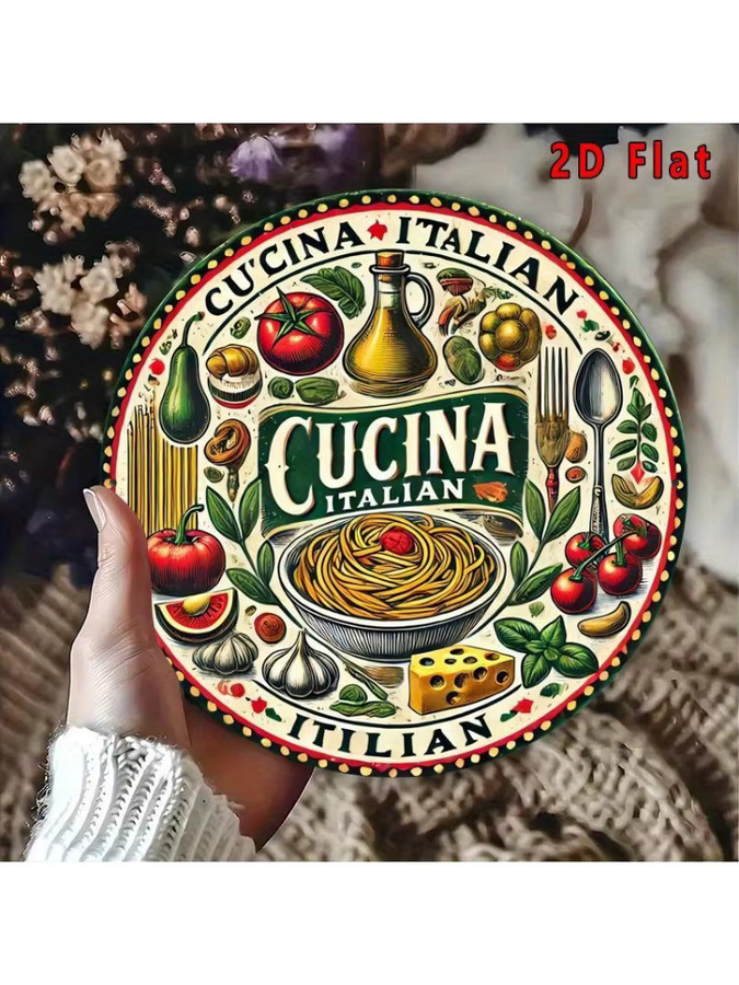 Rundes Aluminiumschild Potdemiel mit italienischem Essensthema und farbiger Illustration als Wandkunst aus Metall - Bild 7
