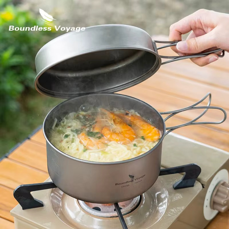 Boundless Voyage Titan-Topf-Pfannenset aus Titan und Aluminium in Silber mit klappbaren Griffen und unbeschichteter Oberfläche für Camping und Wandern - Bild 2