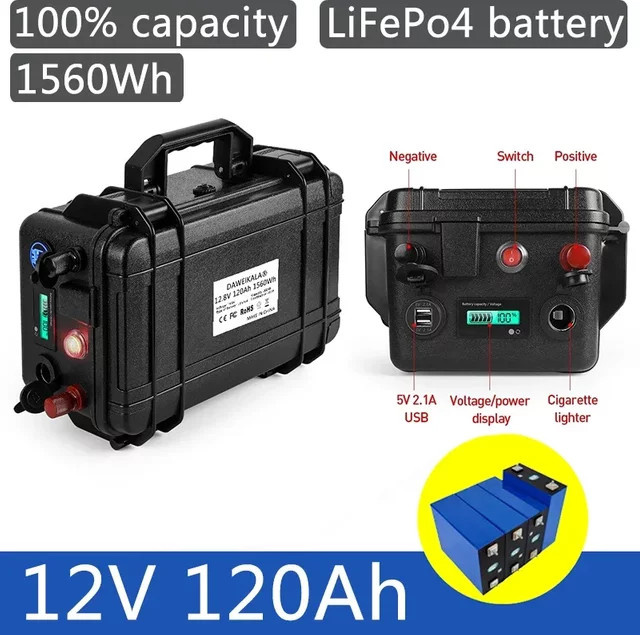 DAWEIKALA 12V 120Ah LiFePO4 Batterie Pack, Wasserdichte Lithium-Eisenphosphat Batterie in Schwarz für Golfkarren, Wohnmobile, Solar-Energiespeicher, Inverter und Boote - Bild 1