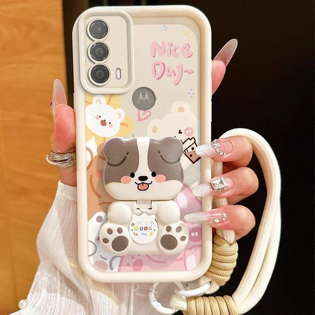 E30 Happy Animal Sky Eye Silikon Handyhülle mit Lanyard für Motorola E13 E14 E40 E22i E15 Edge 60 60F 50 60s 50Neo in Weiß - Bild 1