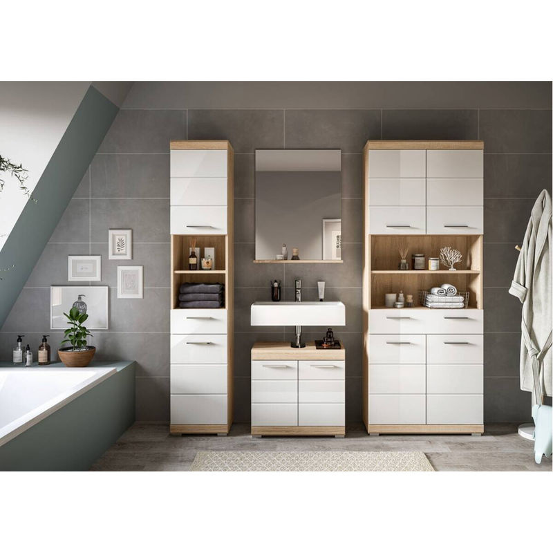 Badezimmer-Set Lambada von xonox.home in Eiche und Weiß Hochglanz, 4-teilig, B/H/T: 186 x 191 x 34 cm - Bild 2