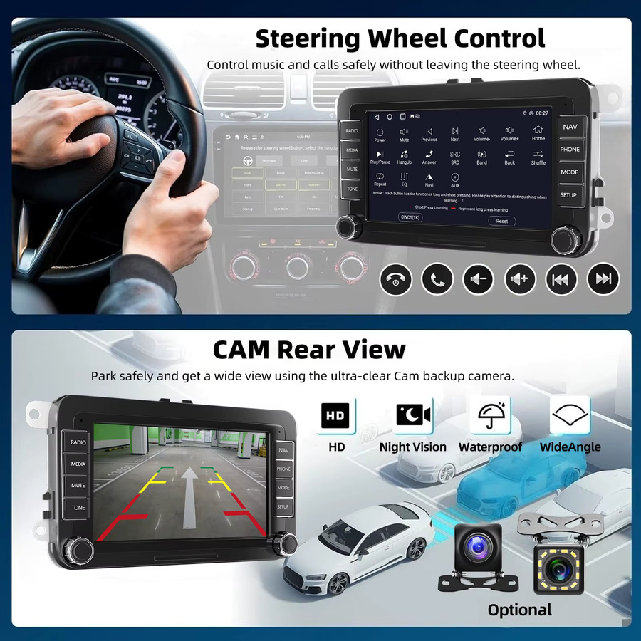 ESSGOO Android 15 Multimedia-Autoradio mit 7 Zoll Display, 4GB RAM, 64GB Speicher, Wireless Carplay, GPS, Bluetooth, WiFi und RDS FM für Volkswagen VW Golf 5 6 Passat Polo 6R Tourigan Tiguan Caddy EOS Jetta Seat Skoda, Schwarz - Bild 3