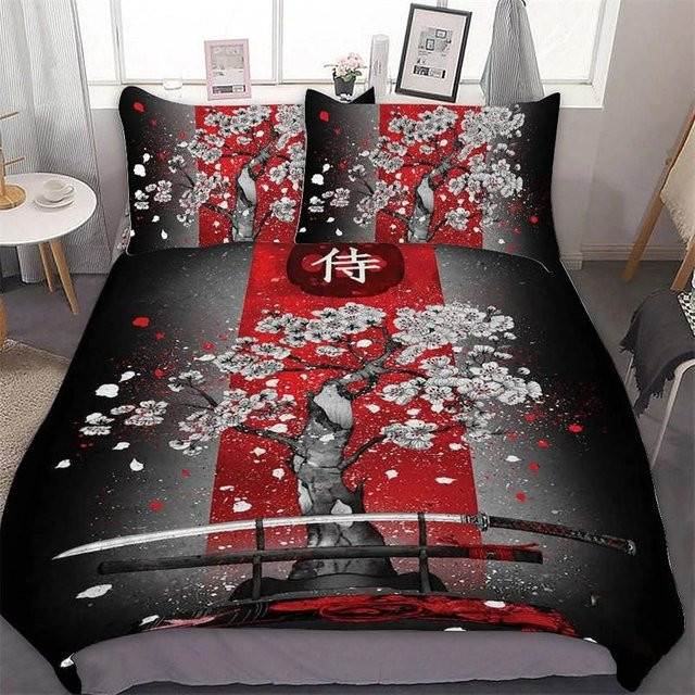 Binchi Fitness Samurai Bettwäsche Set mit Sonnenuntergang und Japanischer Landschaft Silhouette, Farbe: Schwarz, B/H: 135 x 200 cm - Bild 1