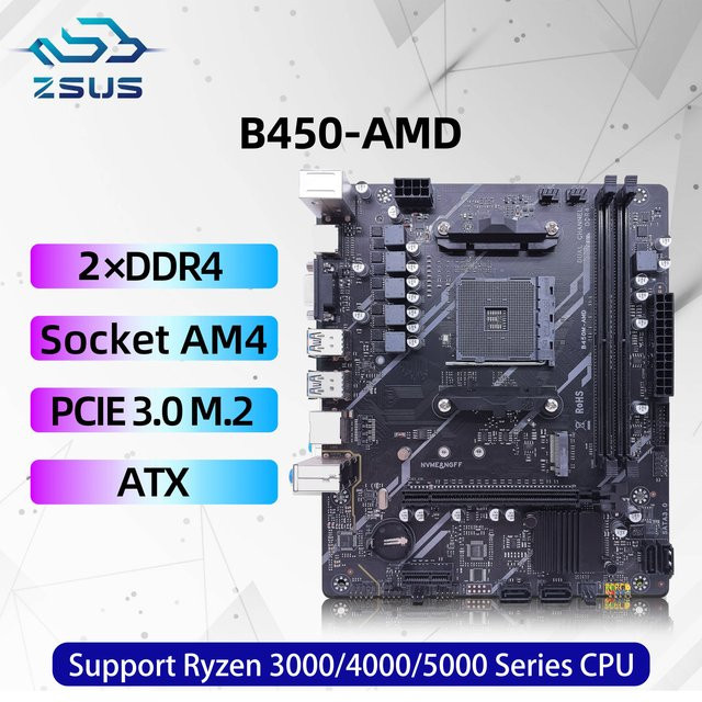 ZSUS B450M-AMD Motherboard in Schwarz mit AM4 Sockel, DDR4 Support, NVMe M.2 und USB 3.0 für Ryzen 5 Prozessoren - Bild 1
