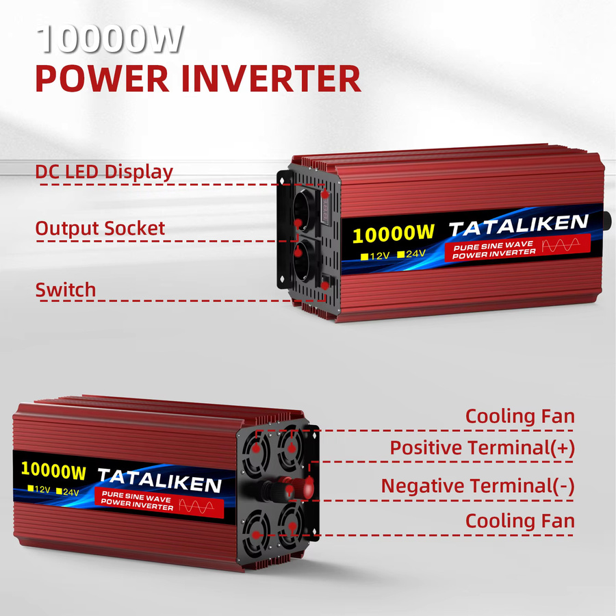 TATALIKEN Reiner Sinus-Wechselrichter 12V DC zu 220V AC 50Hz mit LCD-Digitalanzeige und Kühlventilator in Rot - Bild 1