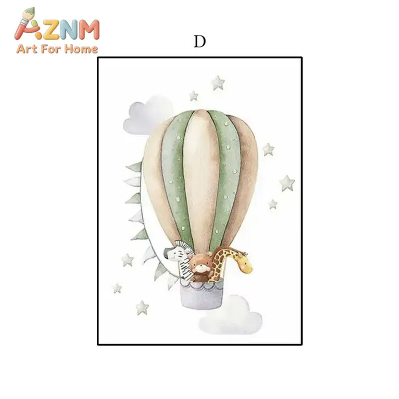 AZNM Leinwand-Poster mit nordischem Tier-Motiv und Heißluftballon in Grün für die Kinderzimmer-Dekoration - Bild 2