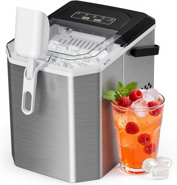 Silonn Eiswürfelmaschine aus Edelstahl in Silber mit Griff-Eiswürfelkorb, tragbar und selbstreinigend, produziert bis zu 12 kg Eis pro Tag - Bild 1