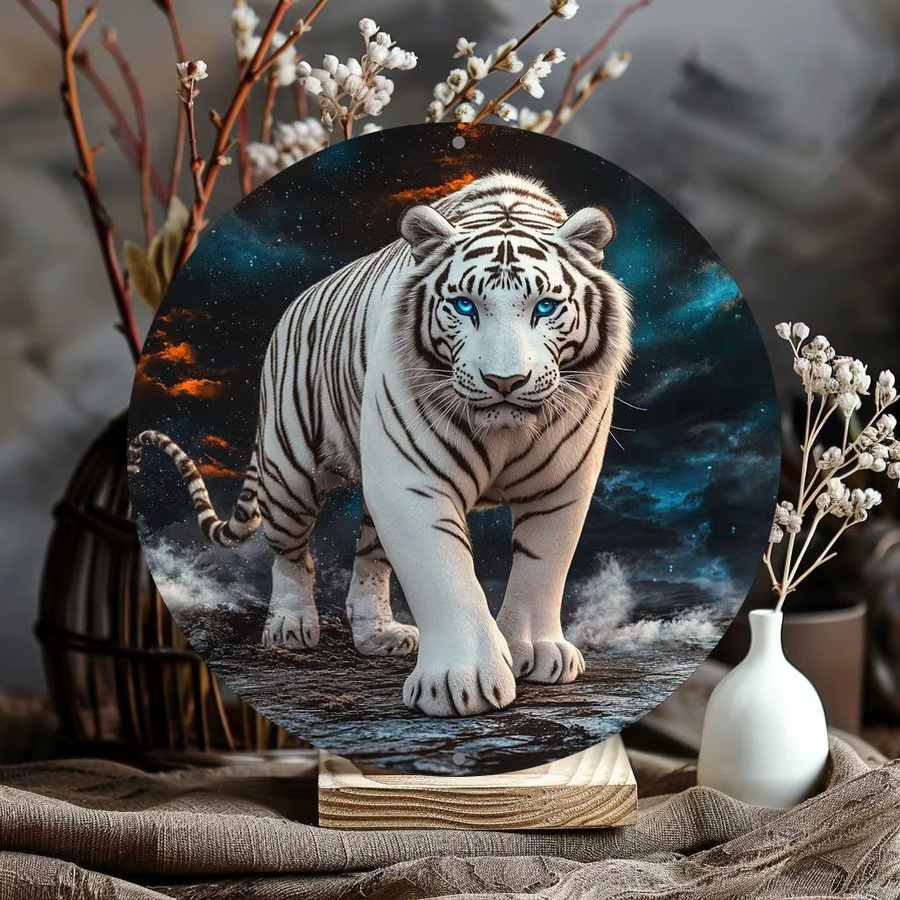 Potdemiel Wandkunstschild Weißes Tiger aus Aluminium in runder Form im klassischen Stil - Bild 4