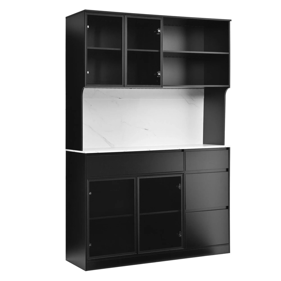 Merax Hochschrank mit LED-Beleuchtung und Glasfront in Schwarz und Weiß mit Marmoroptik, H: 180 cm, B: 40 cm, T: 40 cm - Bild 2