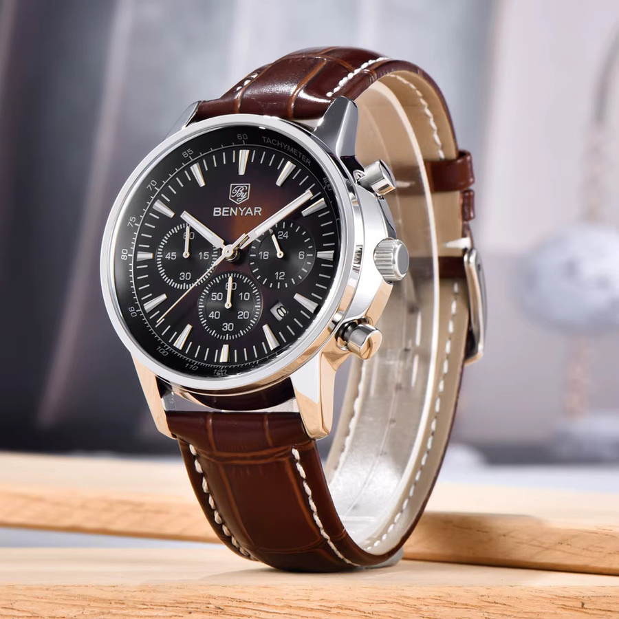 BENYAR Chronograph Armbanduhr, Quarz, Leder, Herren, Schwarz - Bild 5