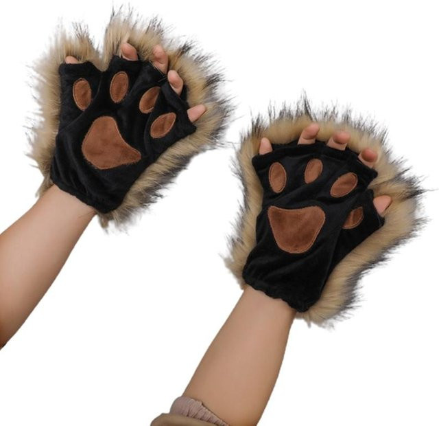 Wolfspfoten Halbfinger-Fäustlinge, 1 Paar, Schwarz, Plüsch / Textil - Bild 1