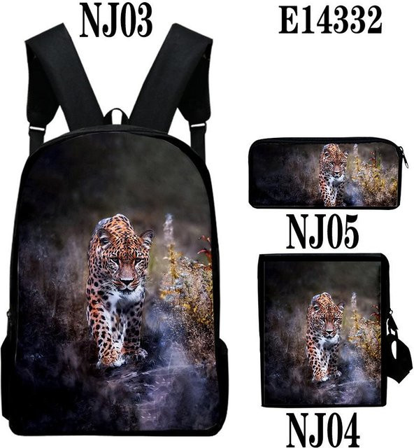 3er-Set Schulranzen und Zubehör mit Leopard-Print im 3D-Druck-Design von Fancy Style Studio, bestehend aus Rucksack, Laptop-Tagesrucksack und Federmäppchen, mehrfarbig - Bild 1