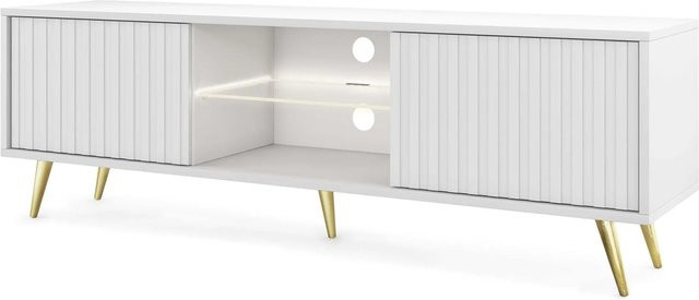 TV-Lowboard Selsey Bello in Weiß mit Lamellen und goldenen Beinen, Breite: 135 cm - Bild 1