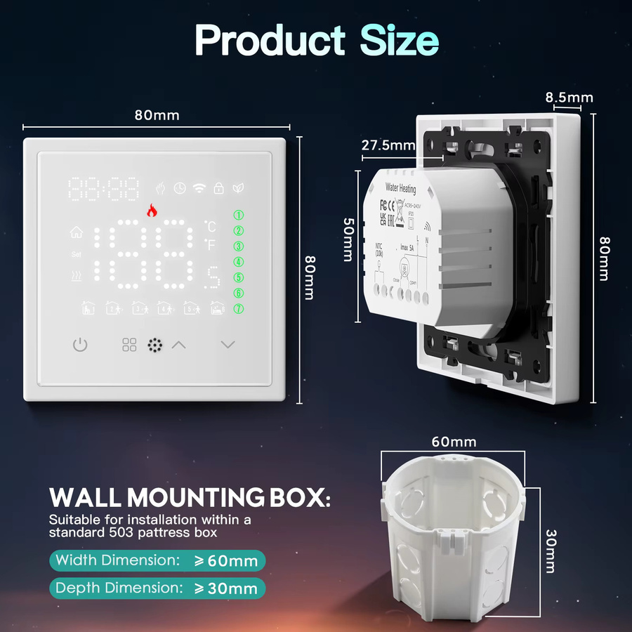 BSEED Smart WIFI Elektrischer Temperaturregler für Bodenheizung mit App-Steuerung und Alexa sowie Google Home Integration, Kunststoffrahmen, Schwarz oder Weiß - Bild 5