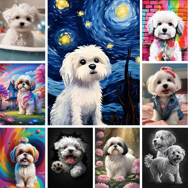 YUTTEE Malteser Hund 5D Diamant Malerei DIY Mosaik Kunstporträt in Weiß, B/H: 30 x 20 cm - Bild 1