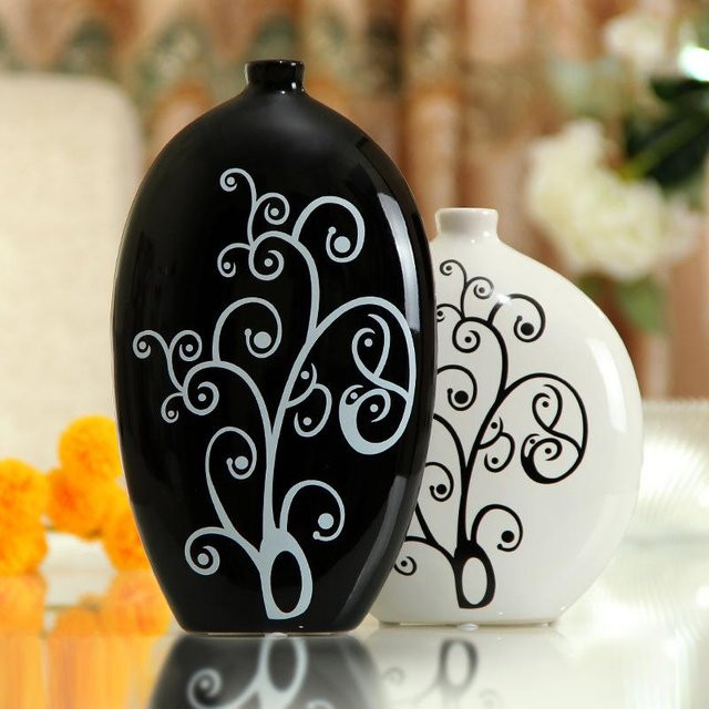 Moderne Keramikvase von Yiran Furniture in Schwarz-Weiß für Tischdekoration und Trockenblumen, Oval, Höhe: 18,0 cm, Breite: 16,0 cm, Tiefe: 2,0 cm - Bild 1