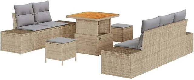 vidaXL Gartensofa-Set aus Poly-Rattan in Beige, 8-teiliges Lounge-Set mit Kissen, Ottoman, Couchtisch und integriertem Kissen-Speicher - Bild 1