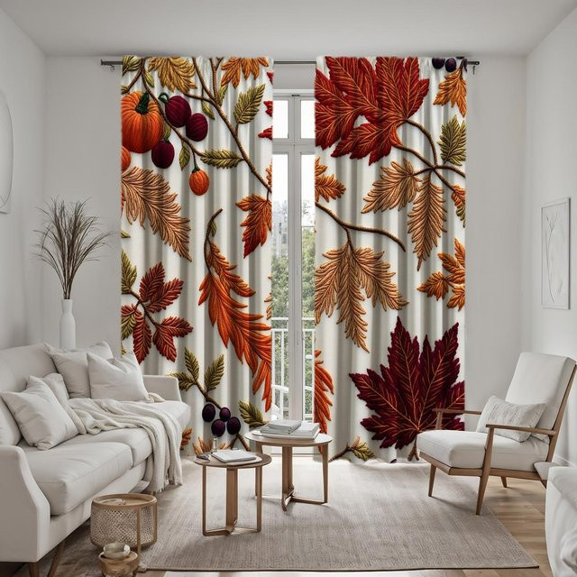 2er Set Halloween Vorhang mit Eule auf Ahornbaum und Weihnachtsmannmütze, Weiß, B: 132 cm, H: 160 cm - Bild 1