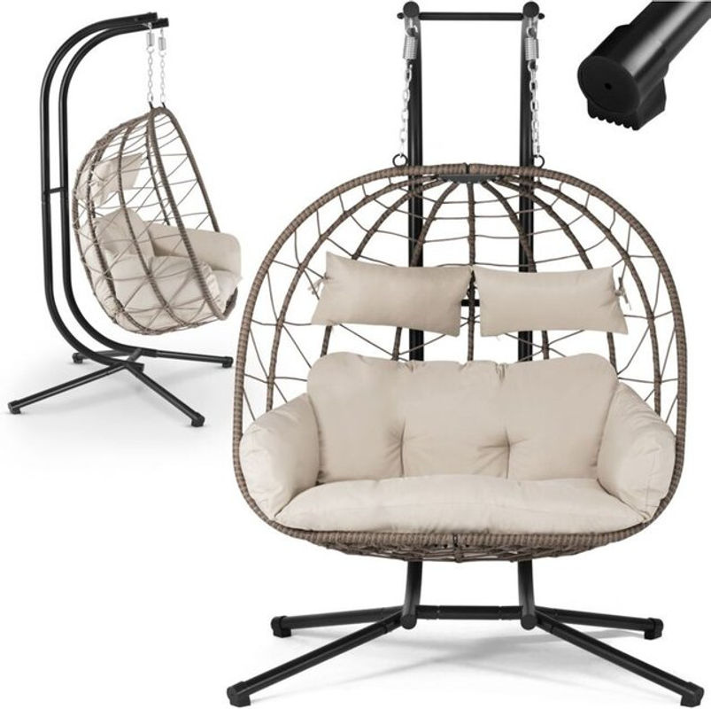 Juskys Doppelhängesessel Aria aus Polyrattan mit Gestell und Kissen, Beige, B/T/H: 197 x 127 x 220 cm - Bild 2