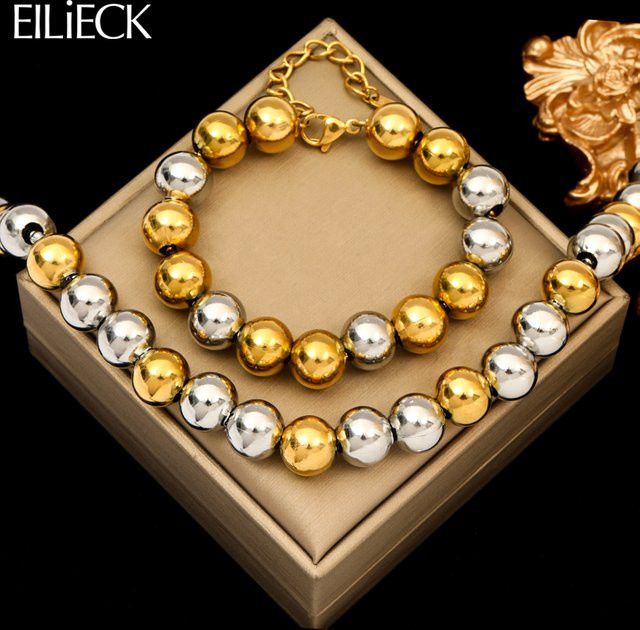 Eilieck Schmuck-Set Halskette und Armband, Edelstahl, Perle, Gold, Damen - Bild 1