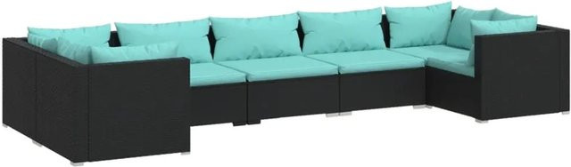 vidaXL 7-tlg. Garten-Lounge-Set aus Poly-Rattan in Schwarz mit blauen Kissen und Metallgestell - Bild 1