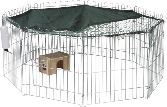 Dobar Freilaufgehege aus Metall in Grün mit Schutznetz, Sonnenschutz, Schutzhaus und Trinkflasche, B/T/H: 135 x 135 x 56 cm - Bild 1
