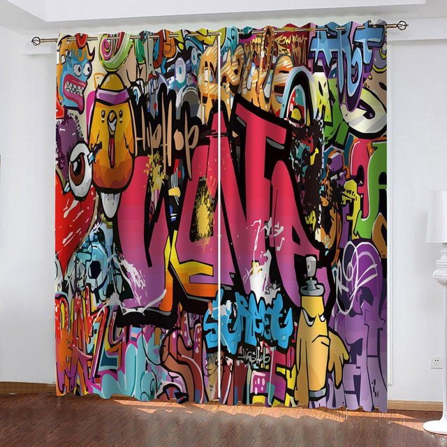 Yiran Furniture Rock Musiknote Bass Graffiti Vorhänge, halbtransparent, Mehrfarbig, B: 50 cm, H: 130 cm, 2 Stück - Bild 1