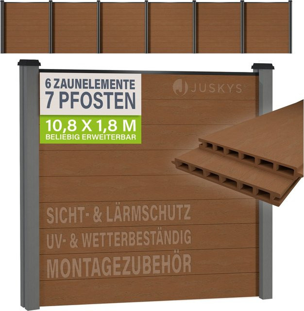 JUSKYS WPC Sichtschutzzaun 6er Set in Grau mit Stahlkonstruktion und Zubehör - Bild 1
