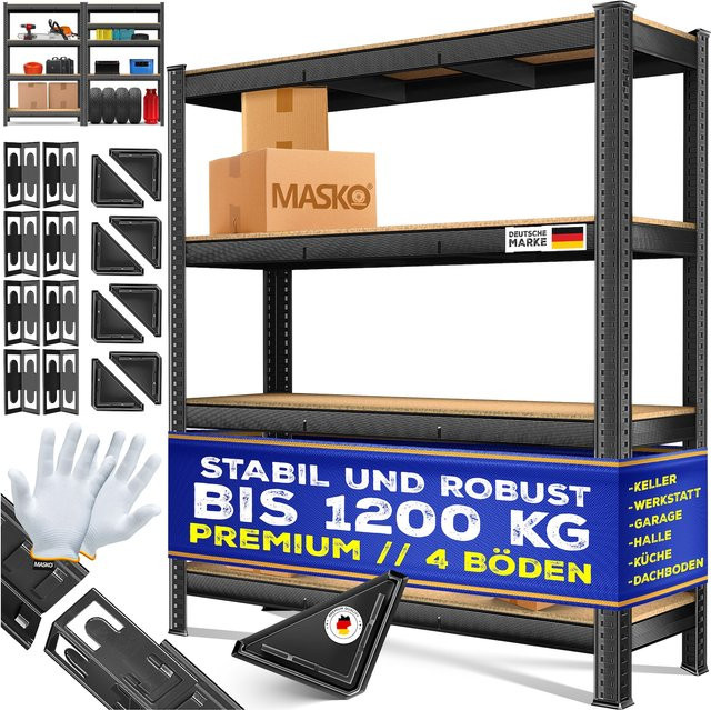 MASKO Schwerlastregal aus Metall mit MDF-Platten in Schwarz, B/H/T: 160 x 160 x 40 cm - Bild 1