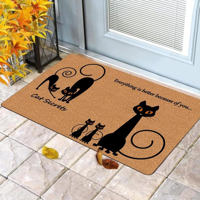 Dekorative Fußmatte von Lodestar mit schwarzer Katzensilhouette und Cartoon-Katzenmustern, rutschfest und waschbar, B/T: 80 x 50 cm - Bild 1