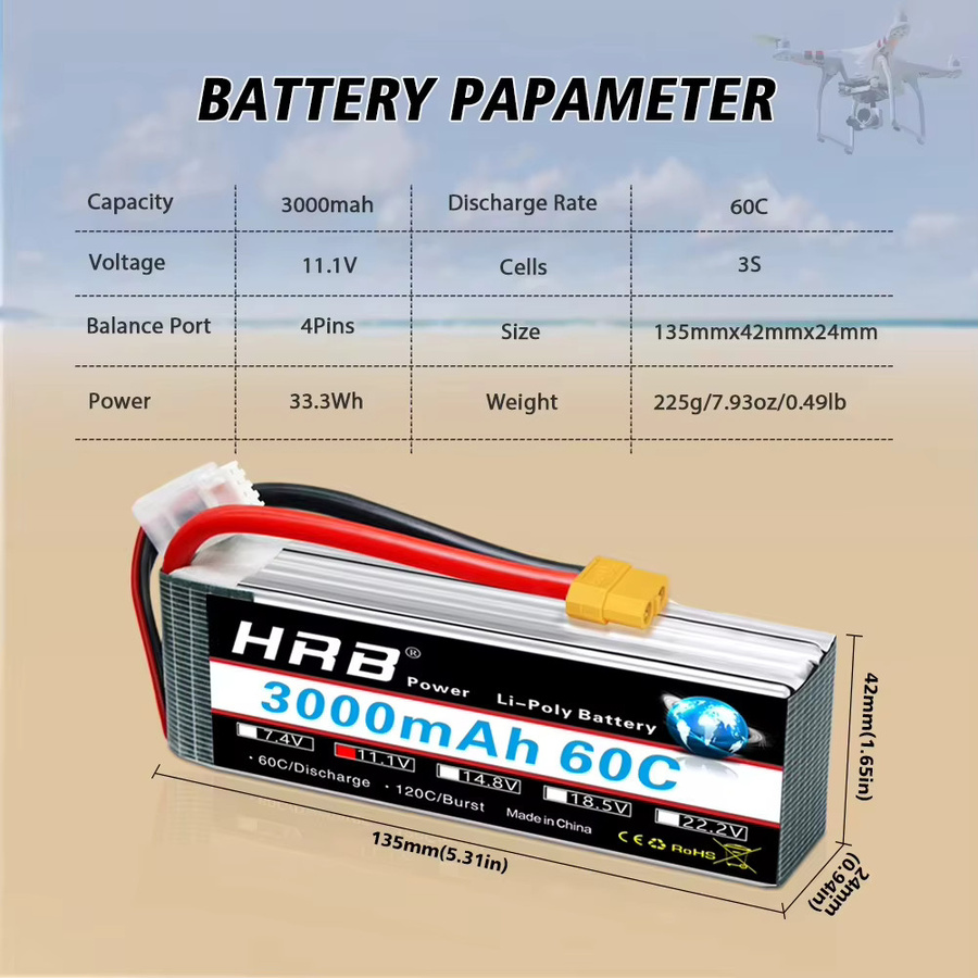 HRB 3S LiPo Batterie 11,1 V 3000mAh 60C mit XT60 Anschluss für RC FPV Flugzeuge, Drohnen, Racing-Boote und Autos - Bild 2